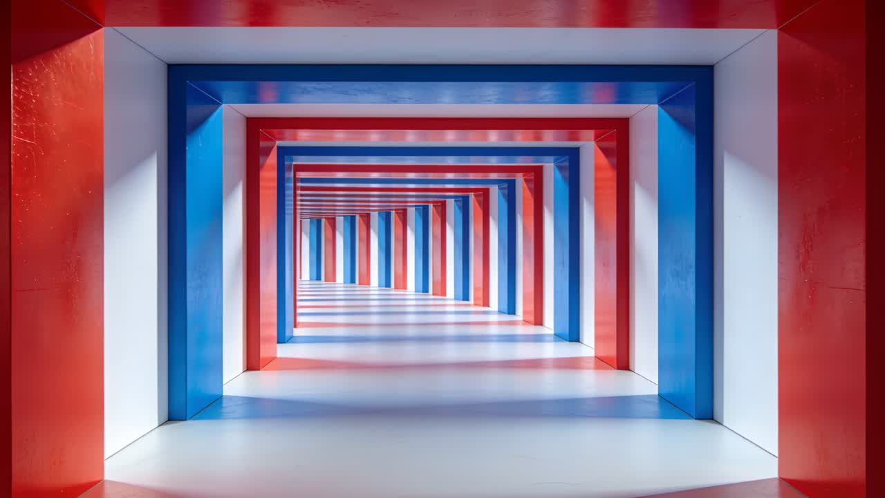 Telecamera che avanza attraverso una galleria per rivelare profondità e riflessi di archi rossi, blu e bianchi.