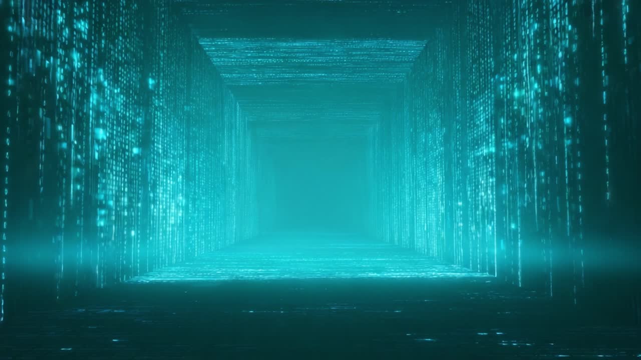 Flying through a futuristic cyan tunnel made of streaming digital code and glowing particles, representing concepts like big data, artificial intelligence, and virtual reality technology