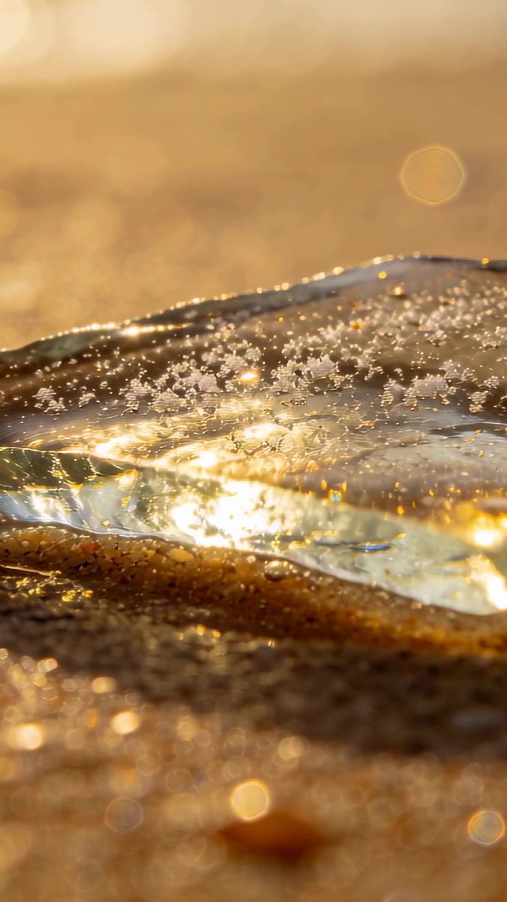 Video verticale: Scheggia di vetro scintillante che mostra bolle mentre la luce del sole si sposta sulla riva bagnata, granelli di sale.