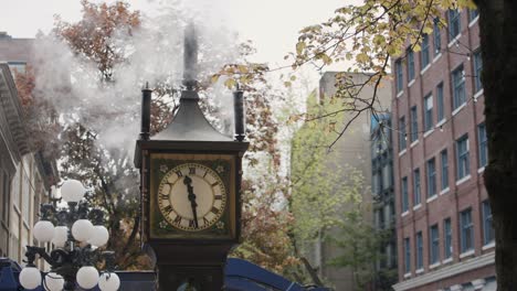 close up of iconic gastown steam clock with vapor coming out of its pipes on an autumnal day, vancouver british columbia, canada