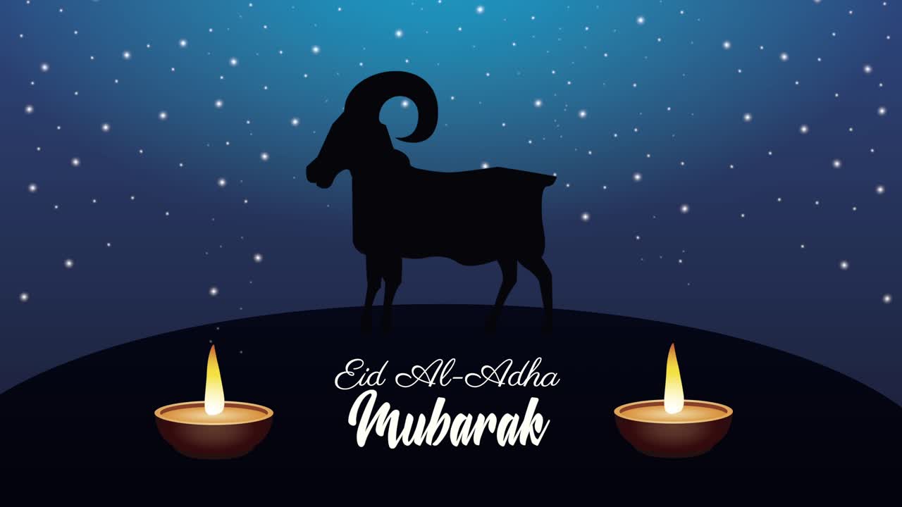 celebração do eid mubarak letras com cabra e velas à noite