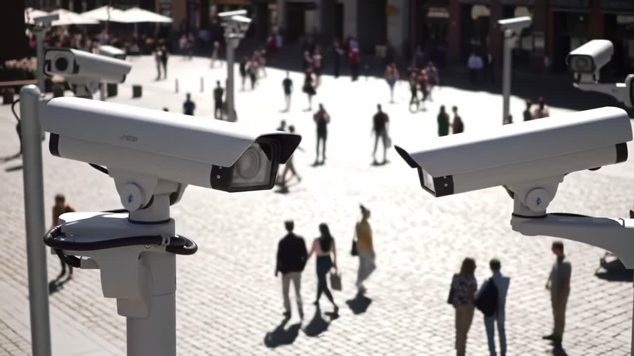 Surveillance Cameras Overlooking Busy Public Square: A Visual Insight into Modern Monitoring Technology and Urban Life
