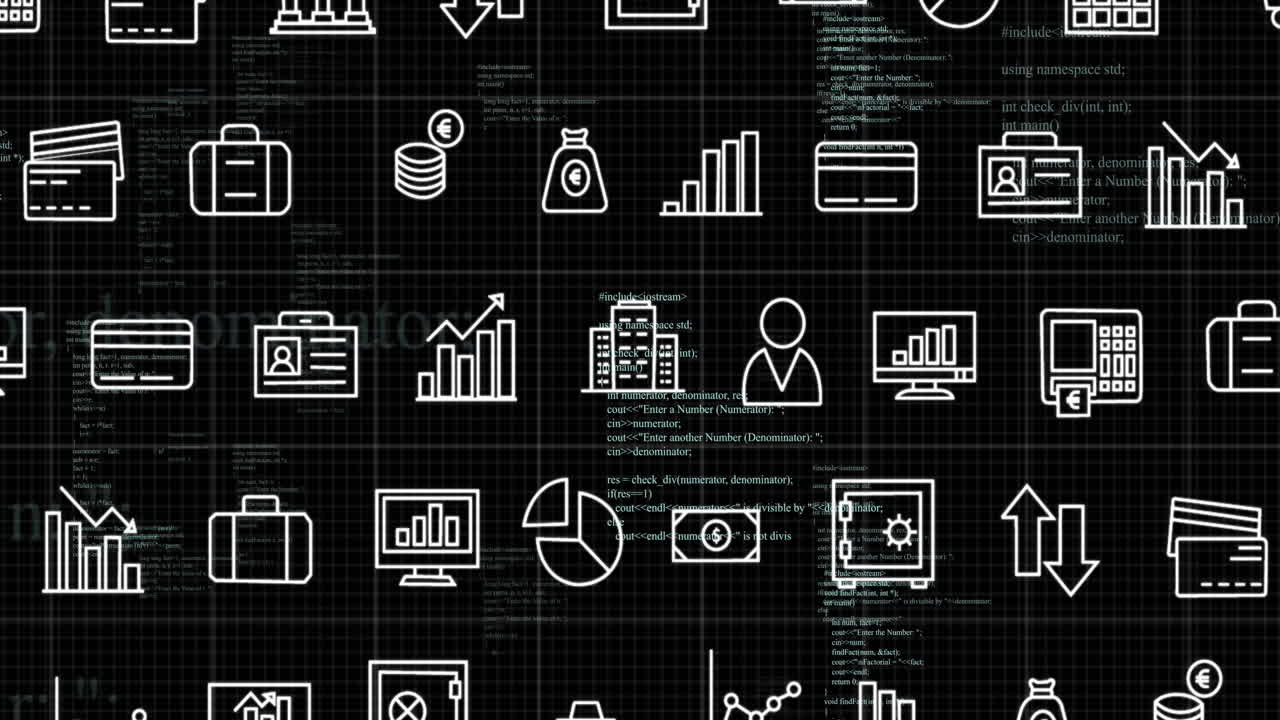 Animation of business icons financial data processing over black background