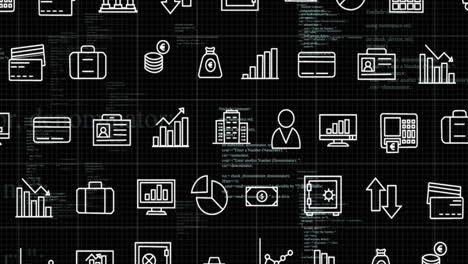 animación de iconos comerciales procesamiento de datos financieros sobre fondo negro