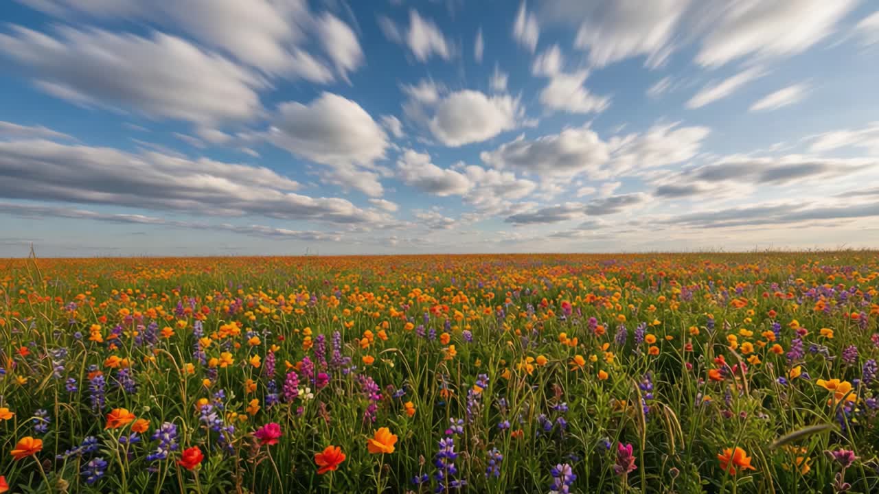 Vibrant Wildflower Field under Dynamic Cloudy Sky: A Captivating Exploration of Nature's Colorful Palette Across a Panoramic Landscape