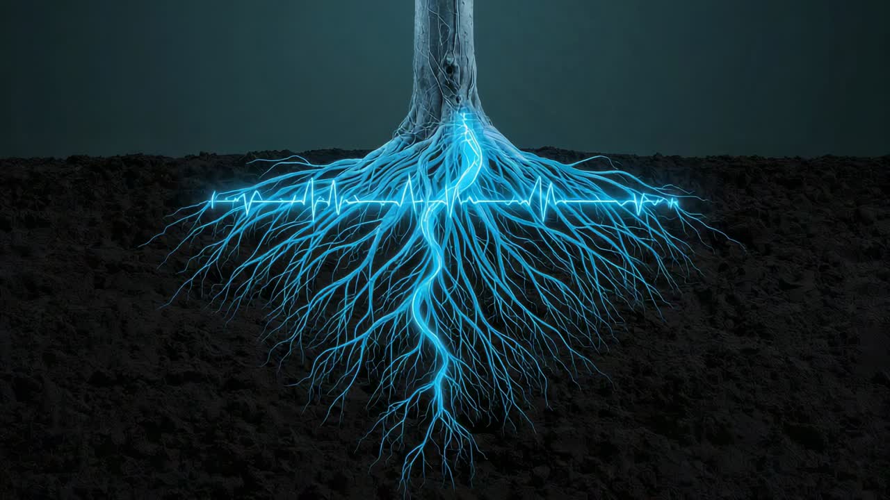 Initiating pulse at trunk base, root network carrying electric-blue current, ECG waveform spiking