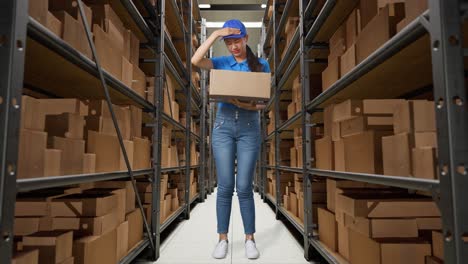 full body of tired asian female courier in blue uniform shaking her head while delivering a carton in warehouse