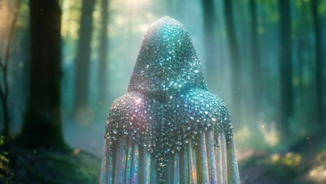 una figura con una capa brillante en un bosque de fantasía