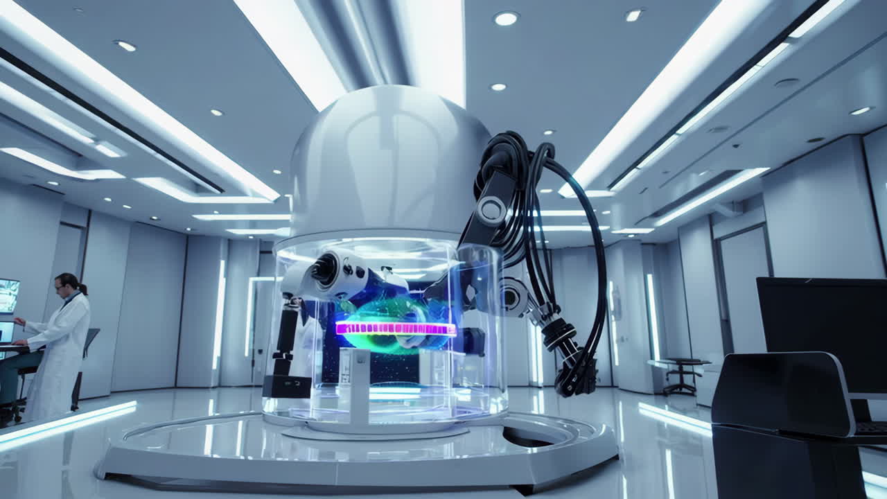 Futuristic Laboratory with Robot and Scientific Display