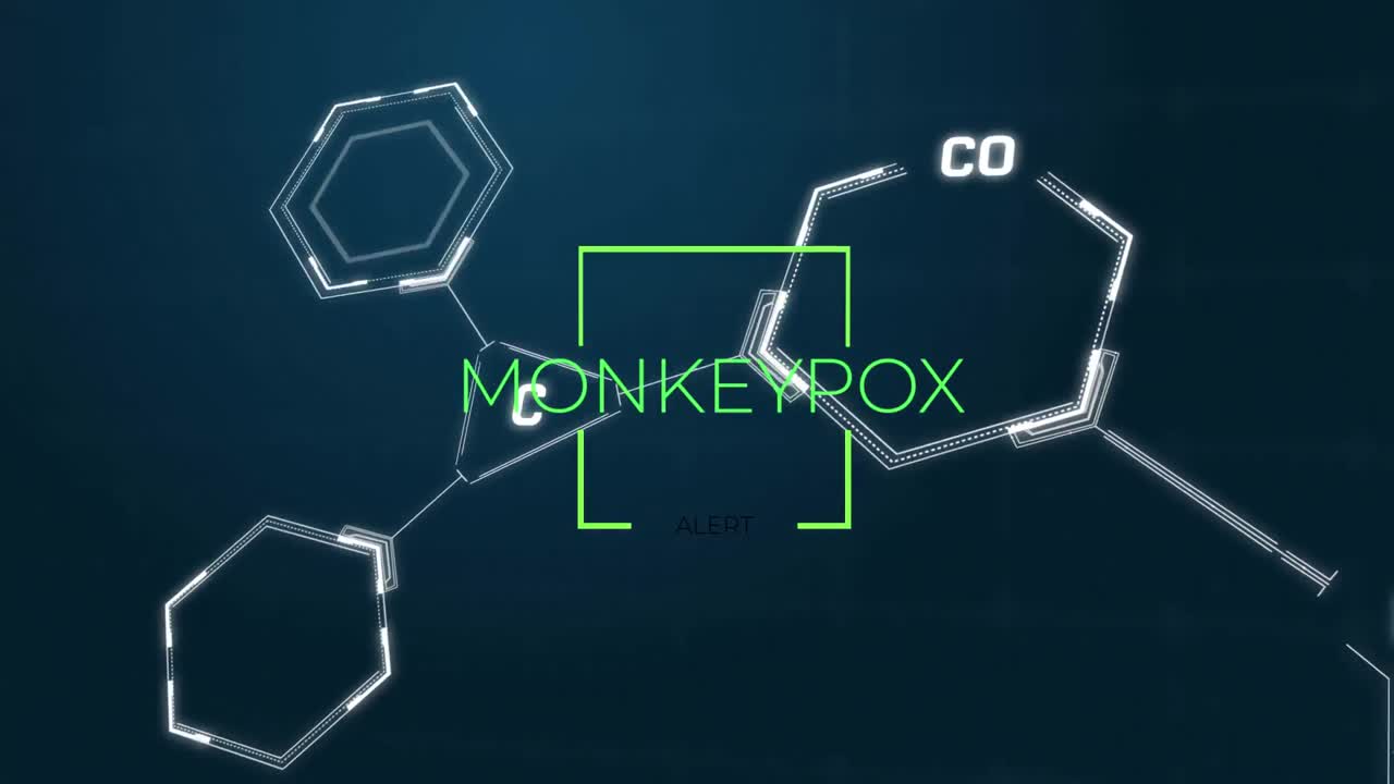 Animation of monkey pox over chemical formulas on navy background