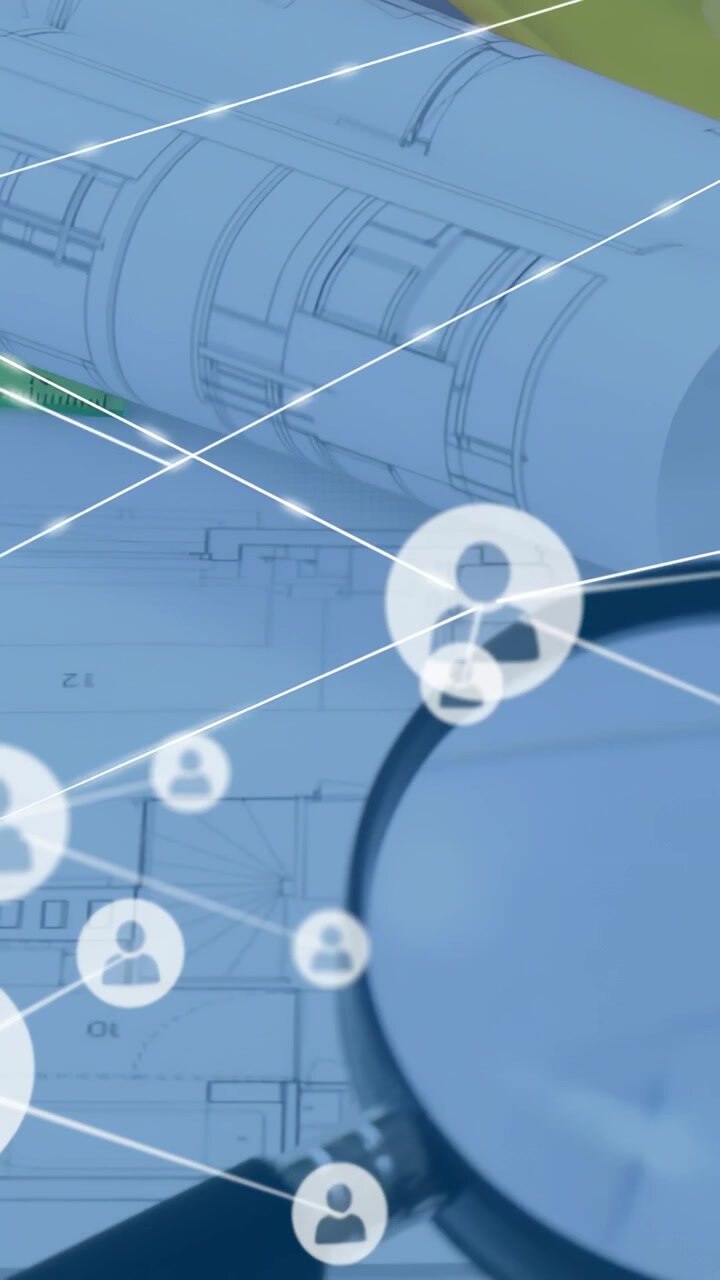Video verticale: Lente che scansiona un progetto, un'icona utente che appare, nodi che crescono per la revisione architettonica.