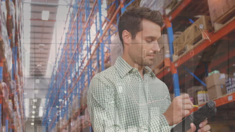 statistical data processing against caucasian male supervisor checking stocks at warehouse