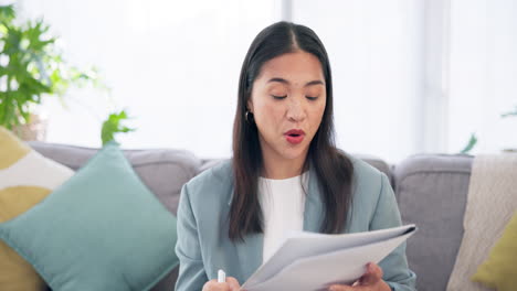 wave, video call and asian woman on sofa for job