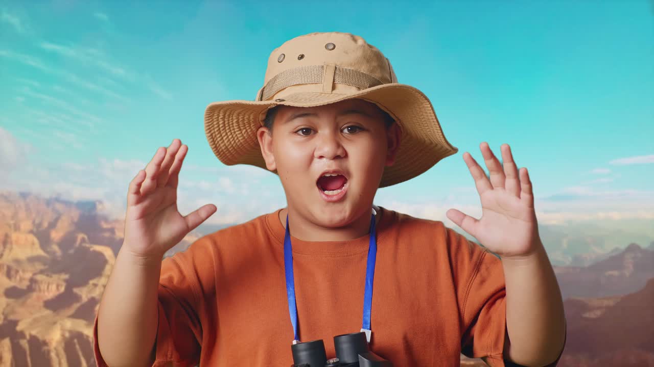 Asian Boy With A Hat Saying Wow After Looking Through The Binoculars. Boy Researcher Examines Something While Traveling At The Top Of Mountain, Travel Tourism Adventure Concept, Close Up