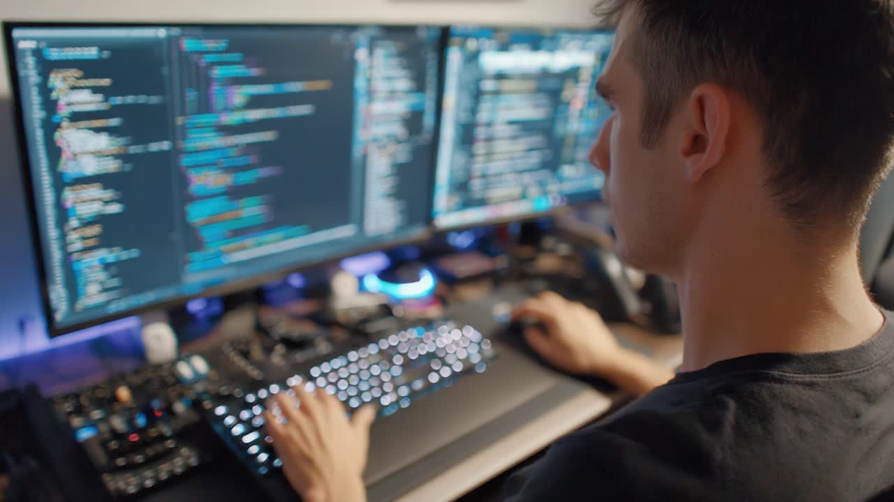 Focused Programmer Engaged in Coding Work at Dual Monitor Setup, Showcasing Lines of Code and High-Tech Equipment in a Modern Workspace Environment