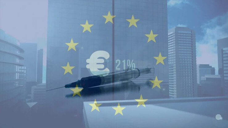 Animazione della bandiera dell'UE e di una siringa su un paesaggio urbano