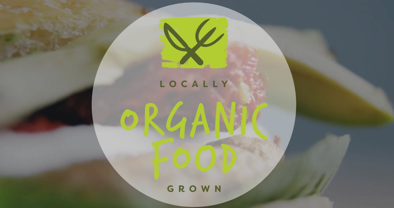 Locally organic food grown animation over close-up of fresh produce