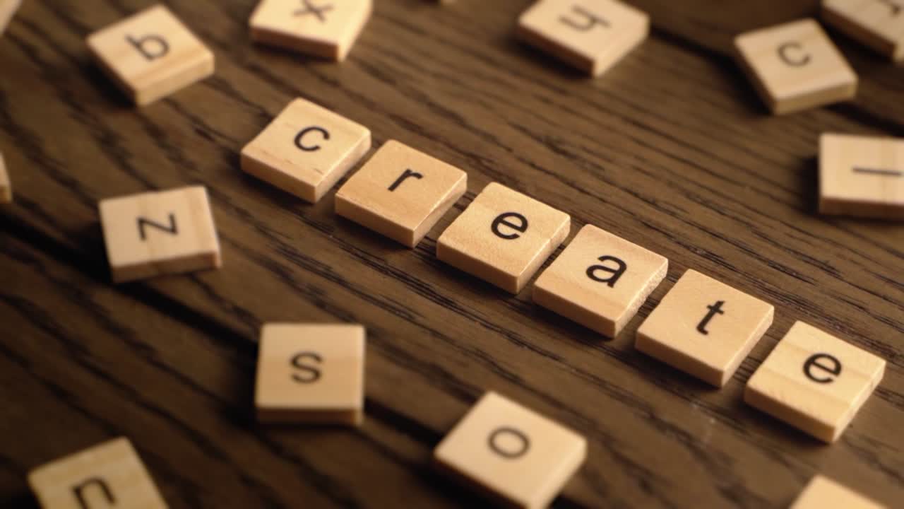 Wooden letter tiles spell the word create as the camera pans across a rustic wood surface in warm lighting.