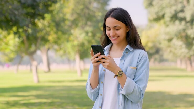 chica india feliz enviando mensajes a alguien