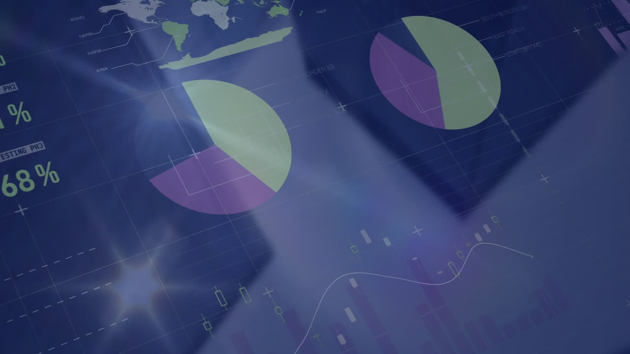 animación de la interfaz infográfica multicolor sobre vista de ángulo bajo de edificios contra el cielo
