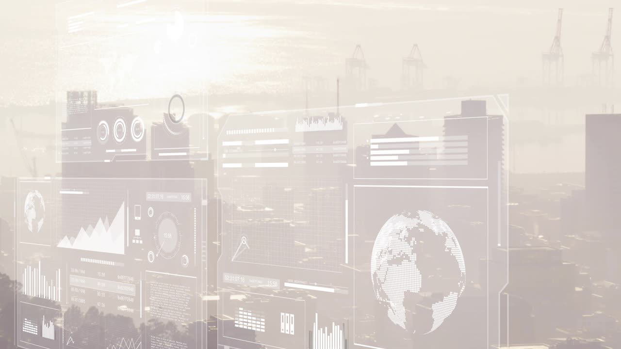 Sun glare brightening, translucent UI shifting, charts rising, globe rotating, revealing trends