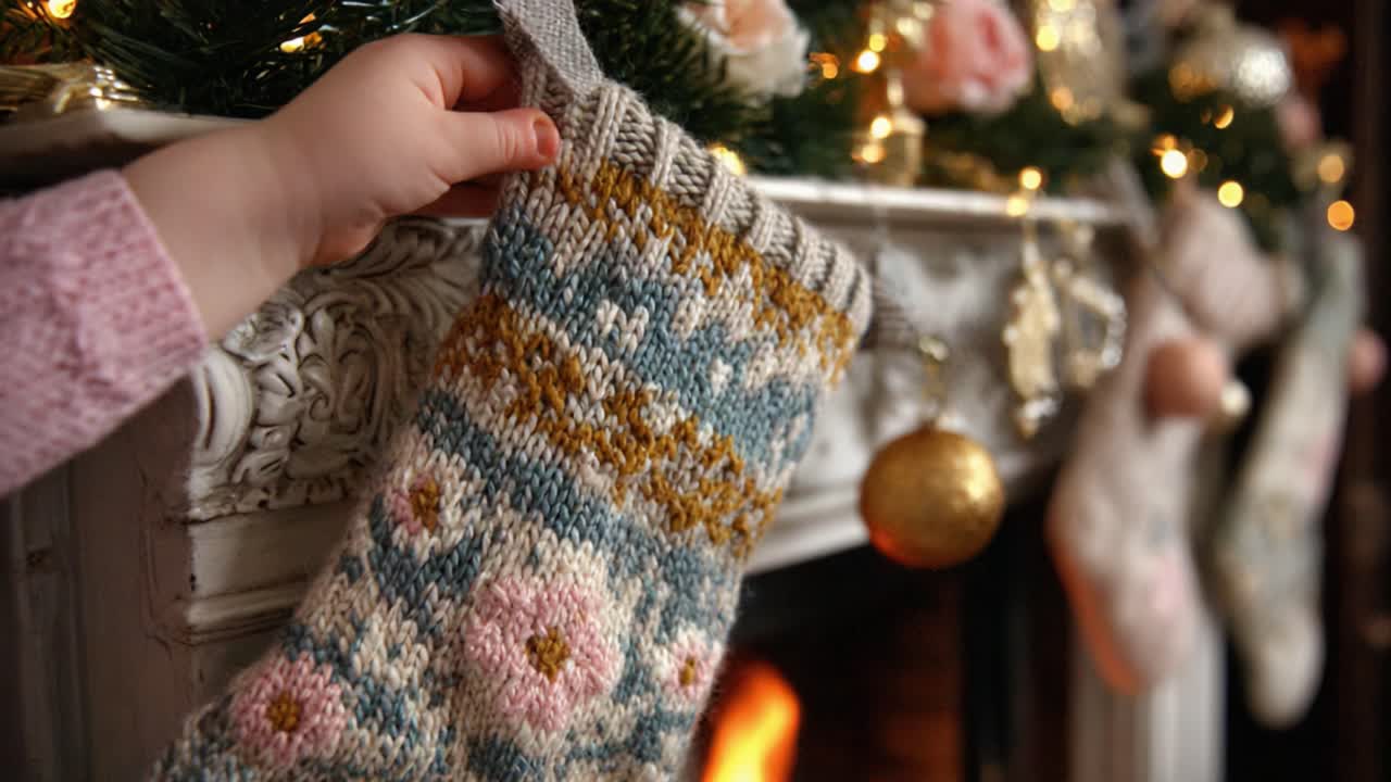 A Cozy Holiday Moment: A Hand Reaches for a Beautifully Knitted Stocking Hanging by the Fireplace, Adorned with Festive Decorations and Twinkling Lights