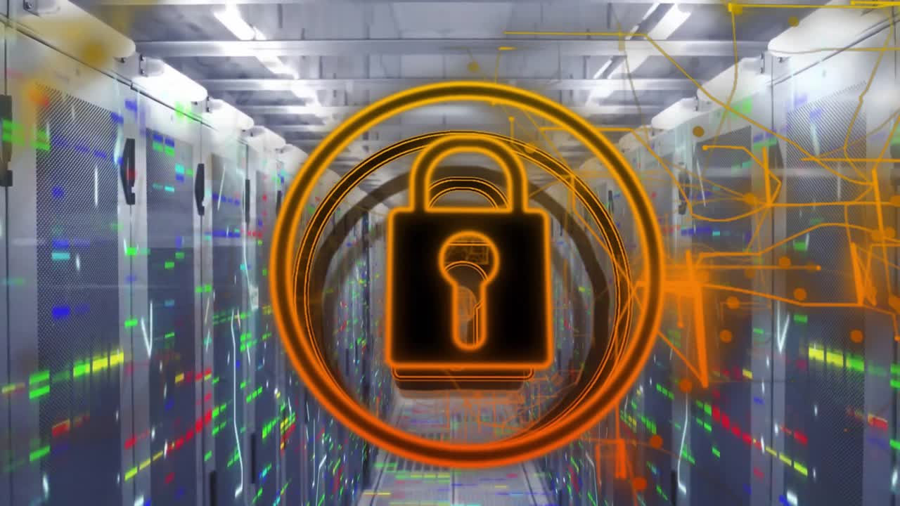 Animation of data processing and padlock icon over computer servers