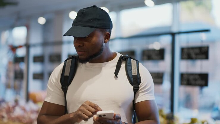 A Black man in a white T-shirt carries a large bag on his shoulders and looks at his smartphone to check the necessary products. A delivery man walks along the food counters in a grocery store and selects the necessary items for delivery