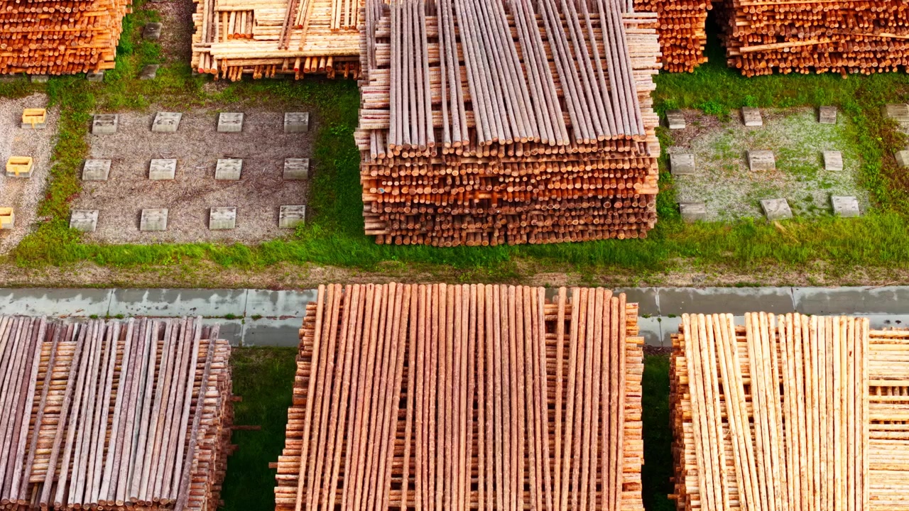 Luftfoto av tømmerlager, karbonsmart treindustri, Brankas, Latvia.