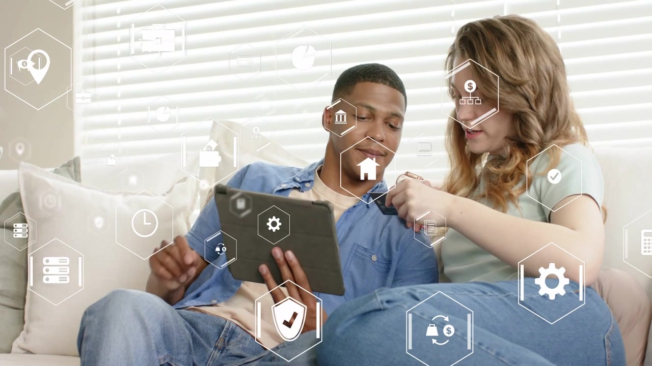 Woman gesturing wrist and offering card, man tapping tablet, hex UI overlaying tech icons for setup