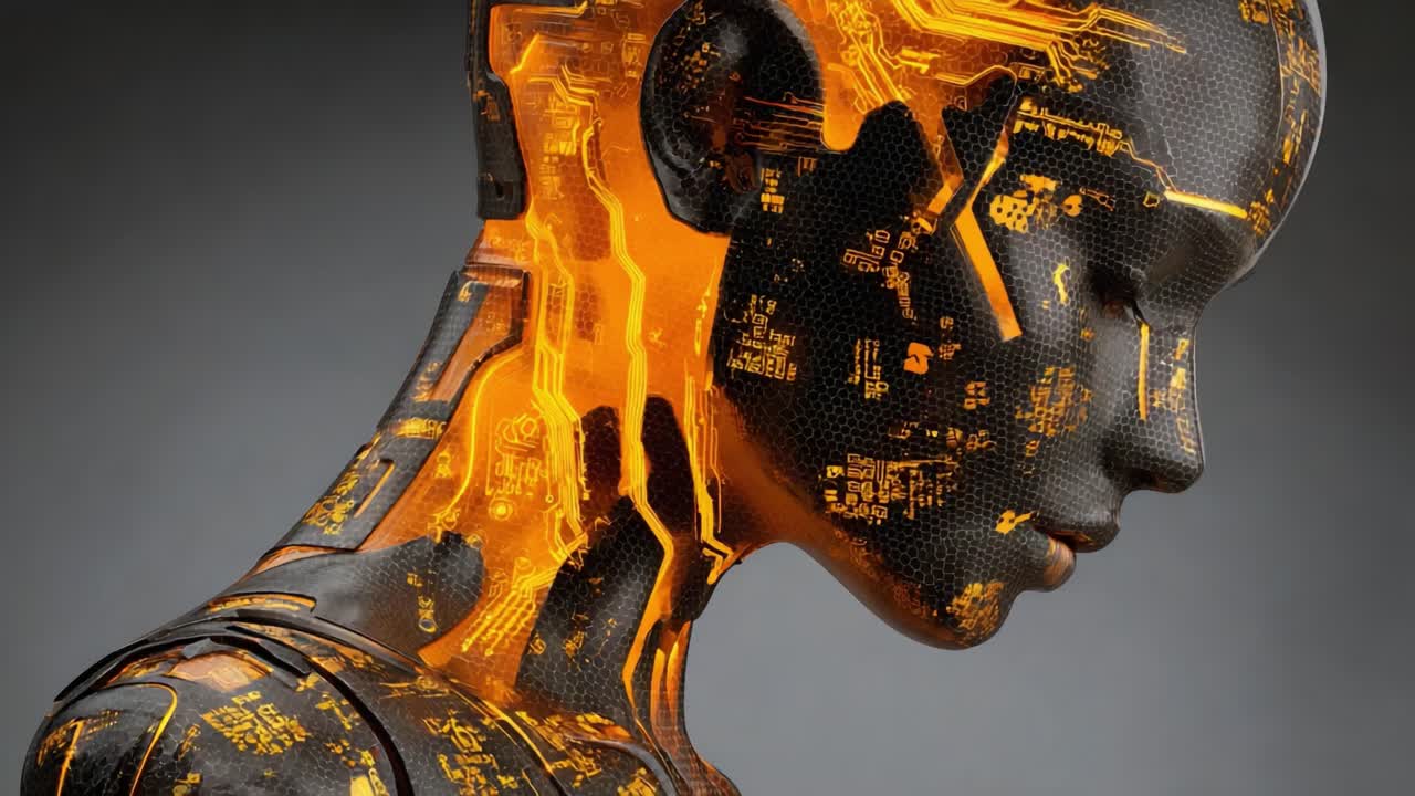 A Striking Visualization of a Futuristic Cybernetic Figure Embodying the Fusion of Technology and Humanity through Intricate Circuit Designs and Illuminating Colors