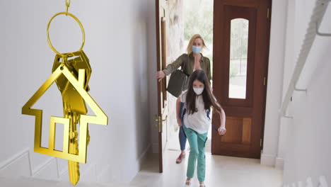 animation of keys over caucasian woman and her daughter wearing face masks opening door