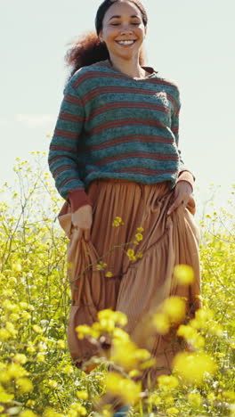 Happy-woman,-flower-and-field-run-closeup