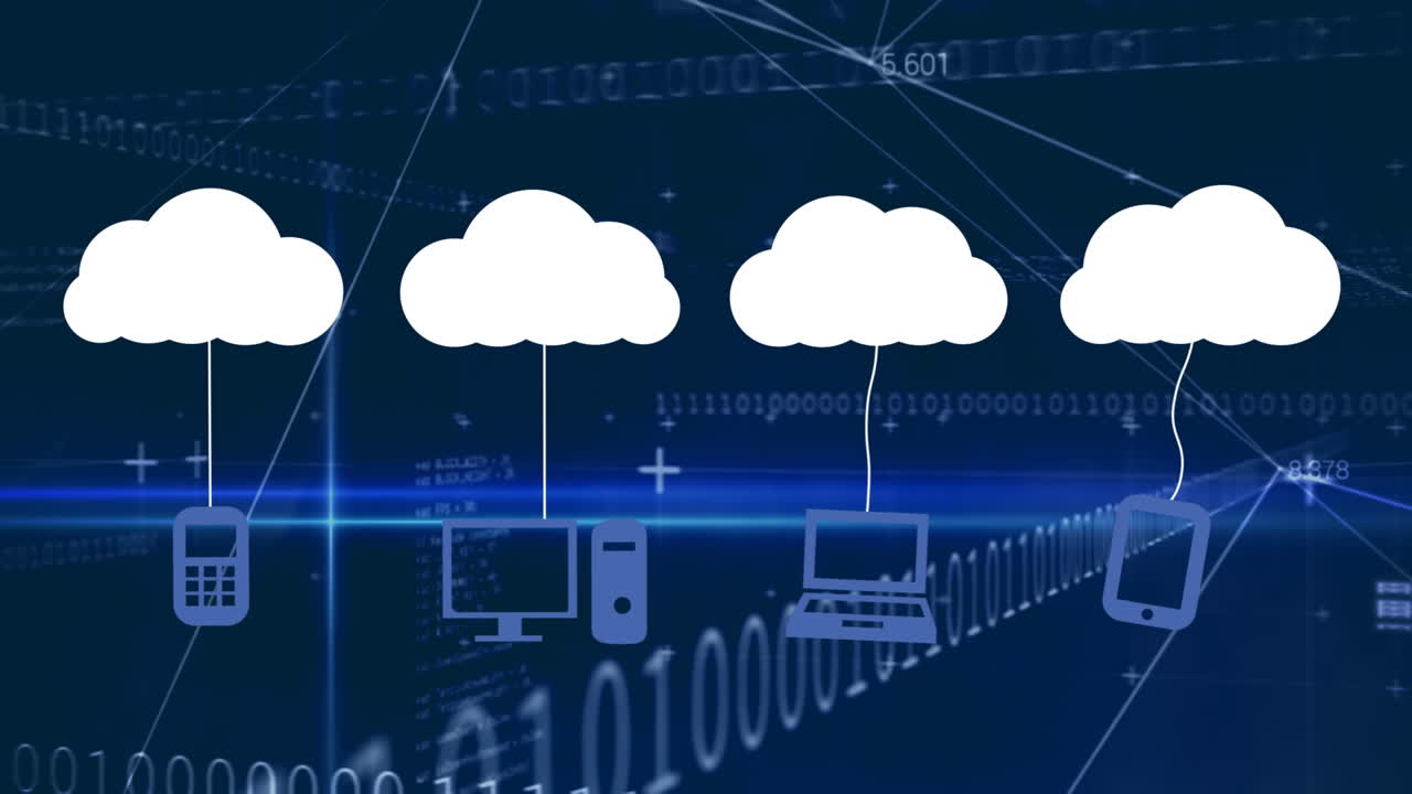 구름 아이콘의 애니메이션과 어두운 배경의 데이터 처리