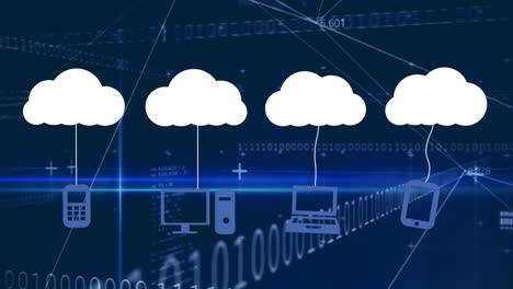 Animación-De-Iconos-De-Nubes-Y-Procesamiento-De-Datos-Sobre-Fondo-Oscuro