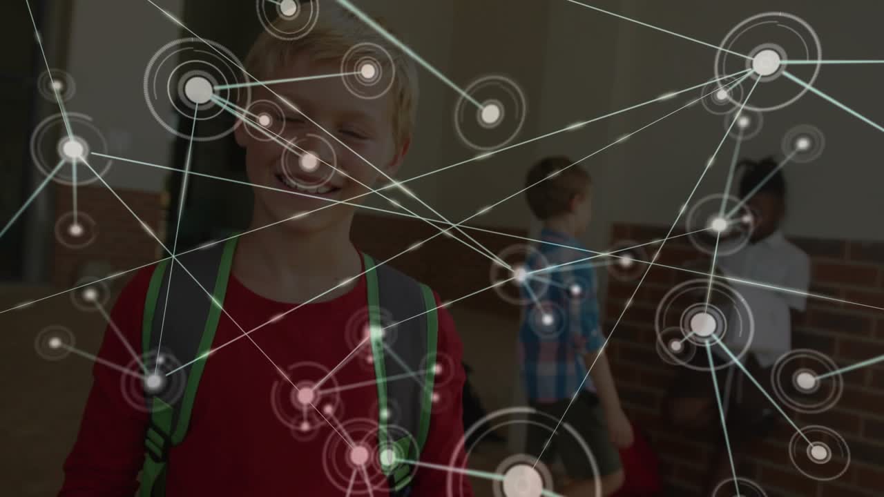 Education hall showing boys standing as circular node initiating expanding network of lines across