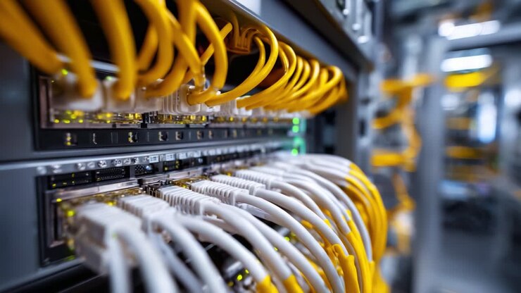 A close-up view of a high-density network switch with multiple connected yellow Ethernet cables, showcasing data center infrastructure and connectivity dynamics