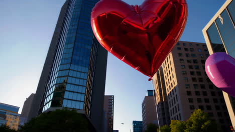 red and pink heart balloons in city