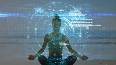 meditating on beach, person with animation overlaying futuristic data visualization