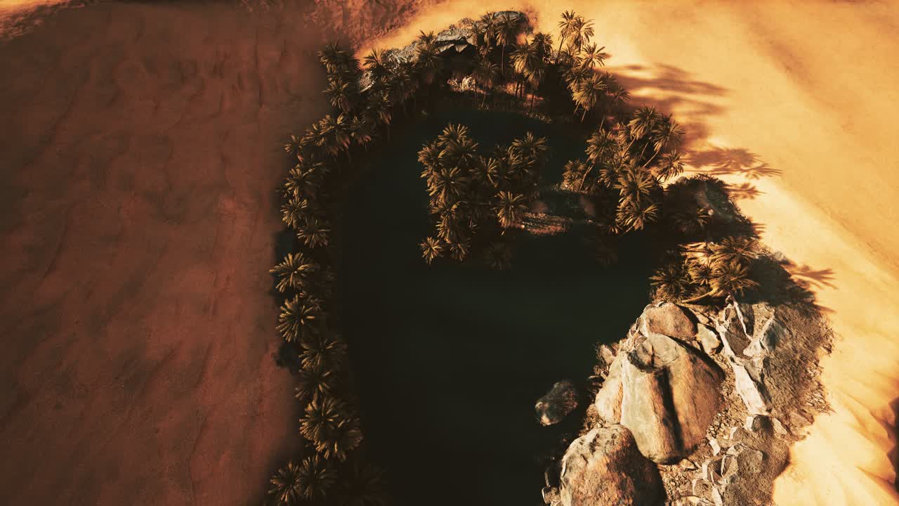 vista aérea de arriba hacia abajo de un oasis en el desierto