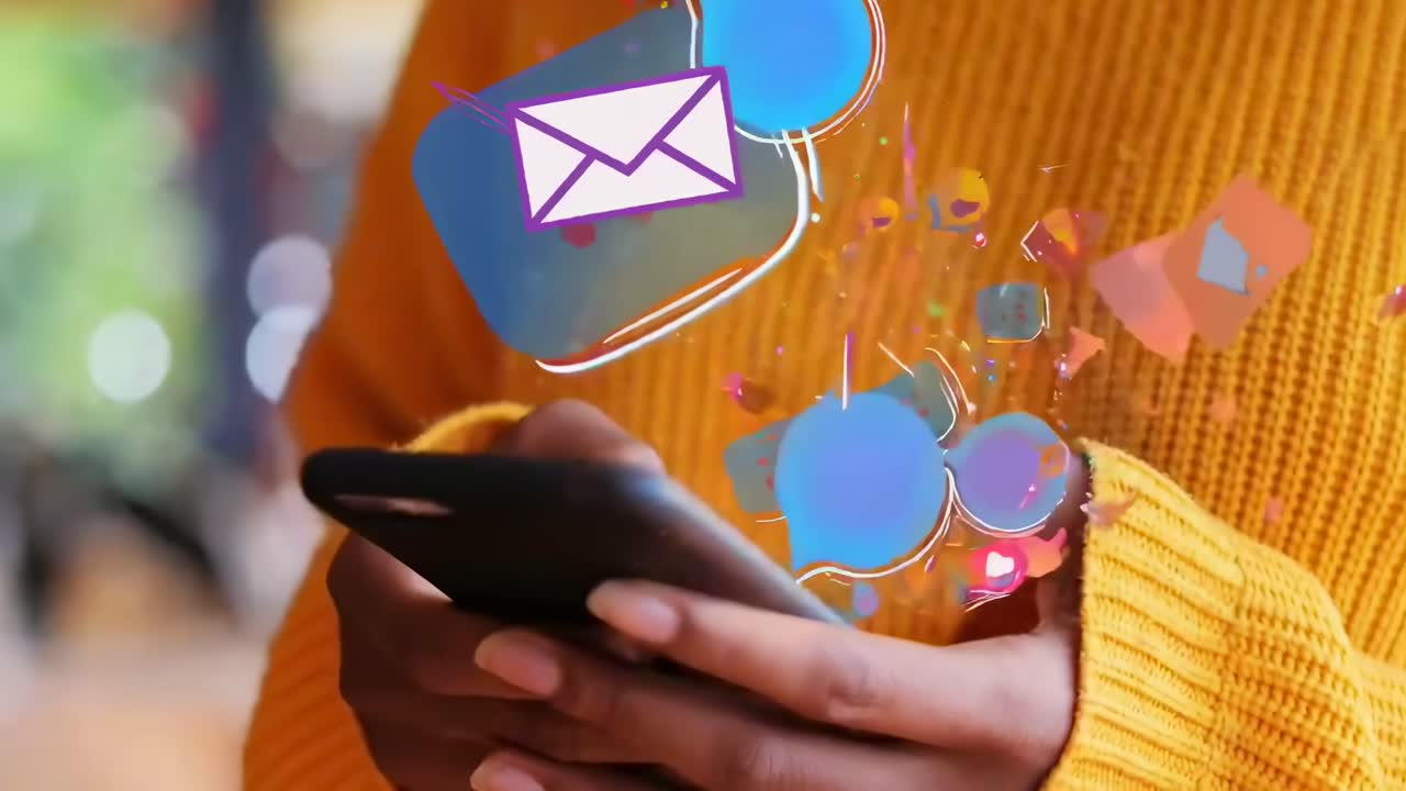 Video ravvicinato di mani che digitano su uno smartphone, con icone di chat colorate che fluttuano verso l'alto.