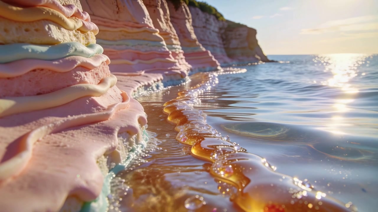 Pulling camera back to reveal pastel-layered cliff and amber wave crest moving shoreward