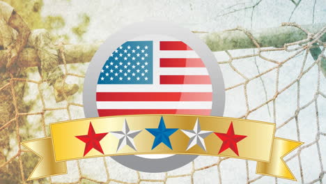 animation of stars on gold banner with american flag, over male soldier climbing assault course