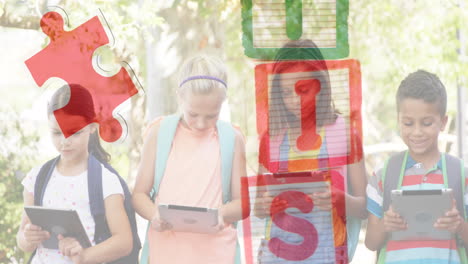 animación de coloridas piezas de rompecabezas y bloques sobre los amigos de los niños utilizando dispositivos electrónicos