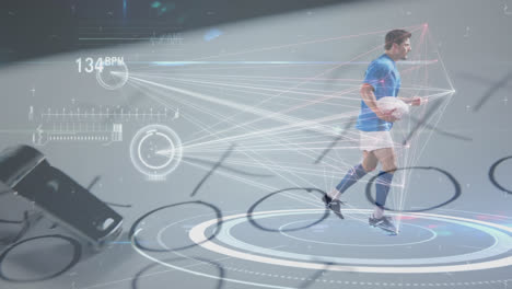 animation of rugby player running in place with a simulator measuring his movements and his heartbea