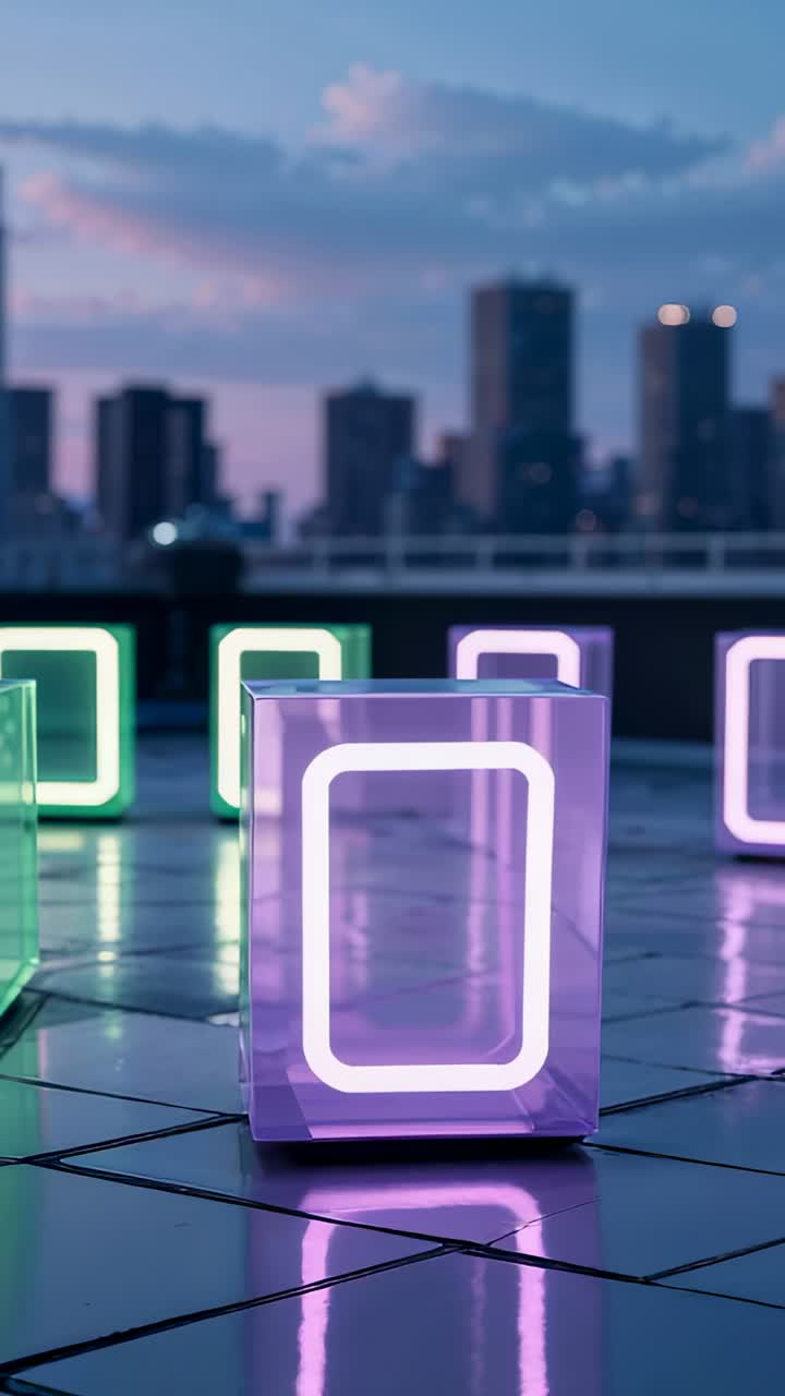 Vertical video: Shifting neon cube being triggered by timer on rooftop at dusk, with city skyline