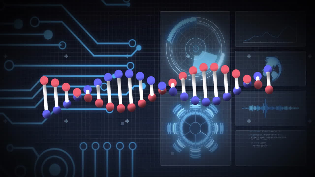 Processing scientific data, DNA strand with binary coding in animation