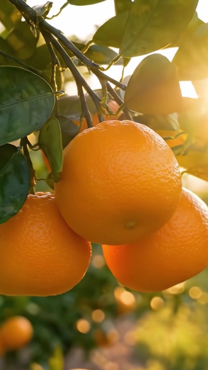 Arance vivaci appese a un ramo d'albero, illuminate dai raggi dorati del tramonto in un lussureggiante frutteto, catturando l'essenza dell'abbondanza della natura.