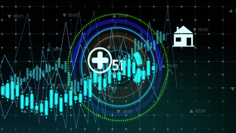 Animation-Von-Symbolen-Und-Diagrammen-Für-Nachhaltige-Energie,-Die-Sich-Mit-Steigenden-Zahlen-über-Kreise-Bewegen