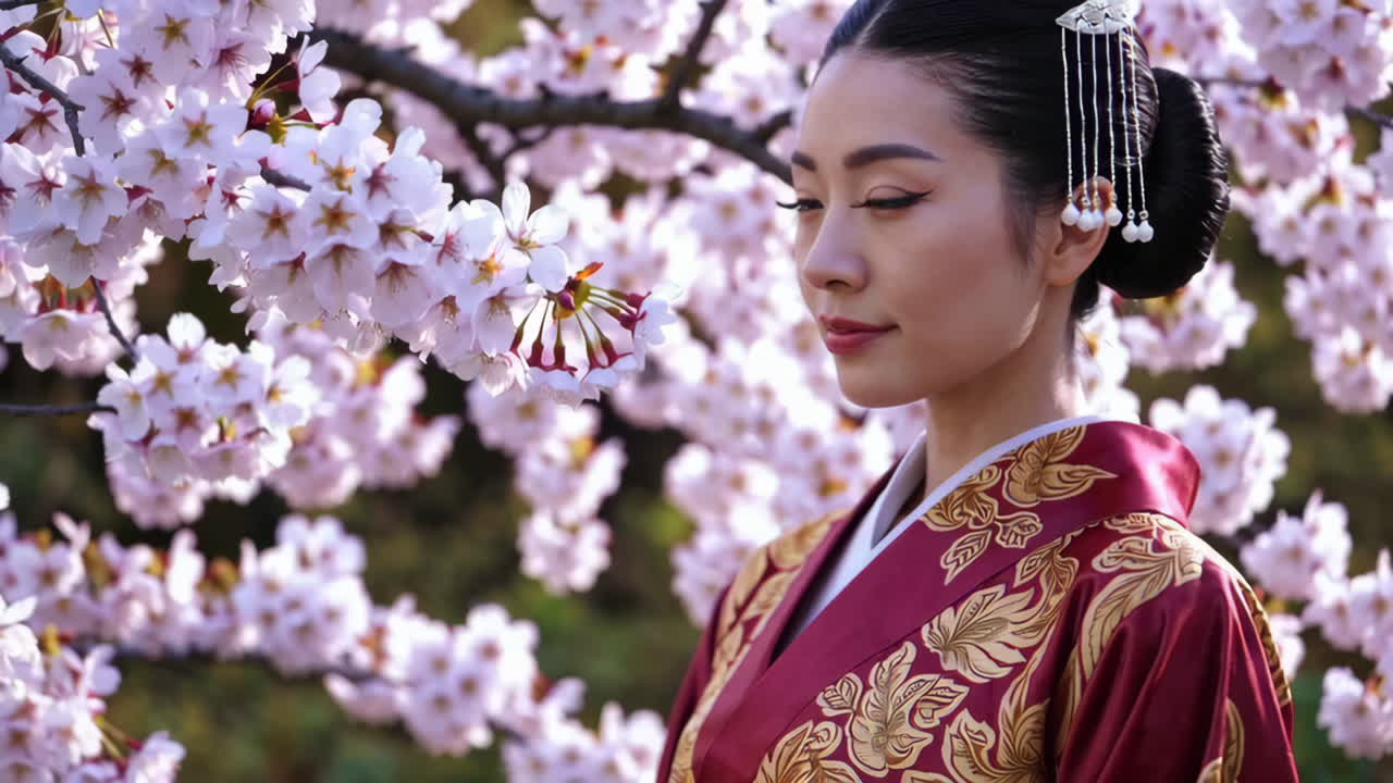 Woman in Kimono under Cherry Blossoms